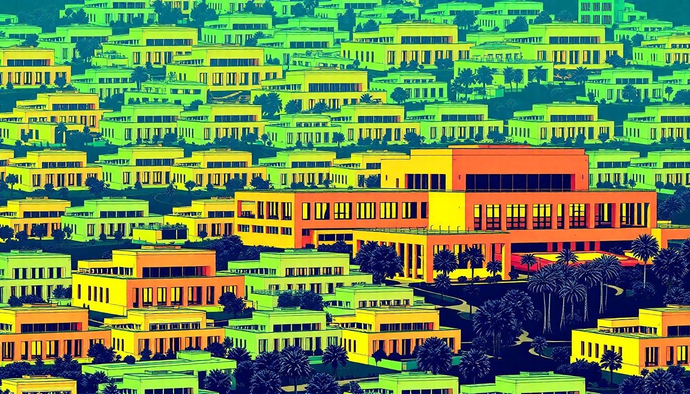 A bold, colorful silkscreen-style illustration featuring the iconic angular architecture of the Getty Center repeated in a grid pattern, rendered in a high-contrast palette of neon pink, orange, and blue hues with heavy black outlines, conceptually representing the museum's modernization and pop culture status.