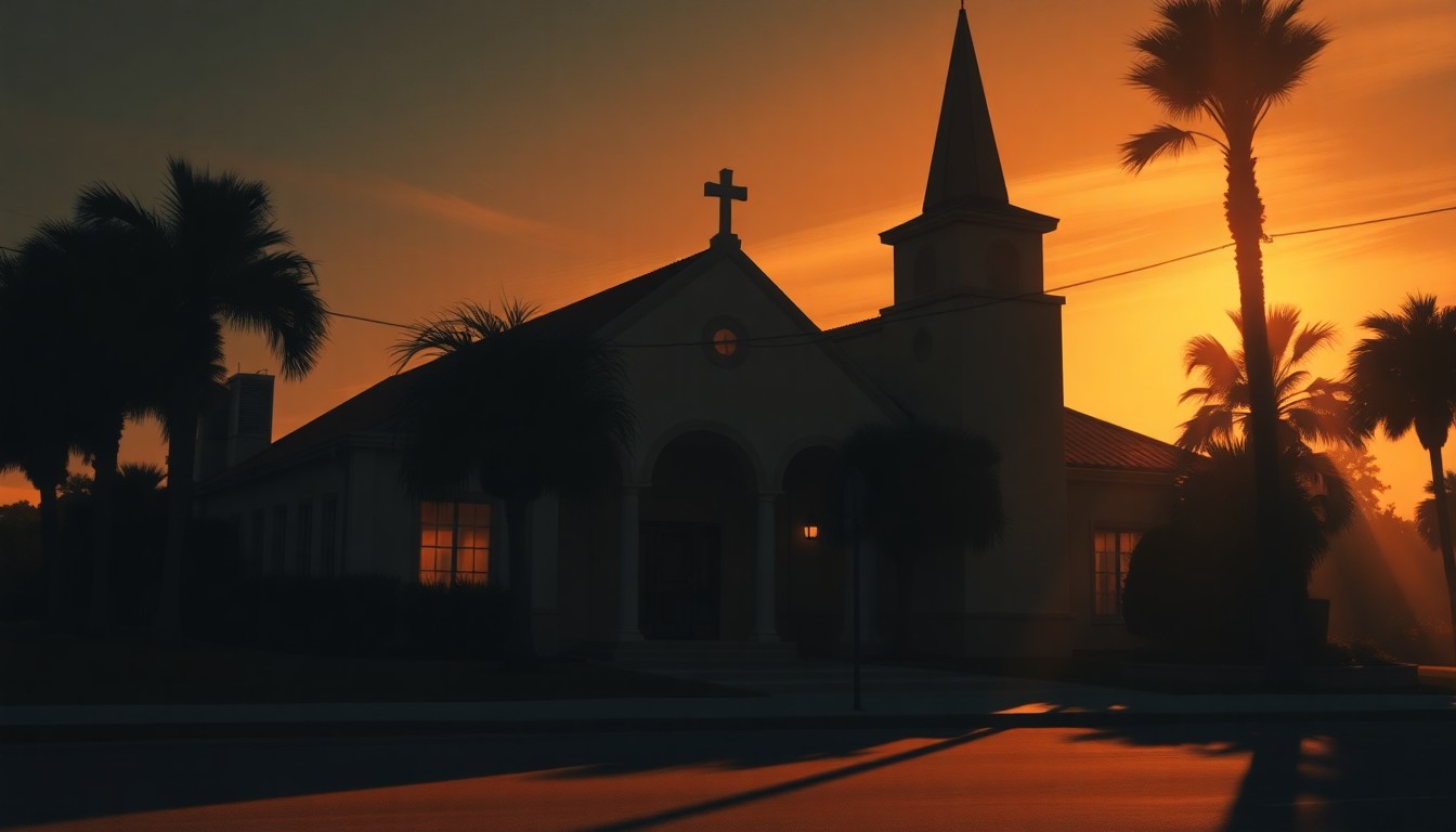 A serene, cinematic painting of a church building in warm, golden light, conveying a sense of community and quiet reflection.