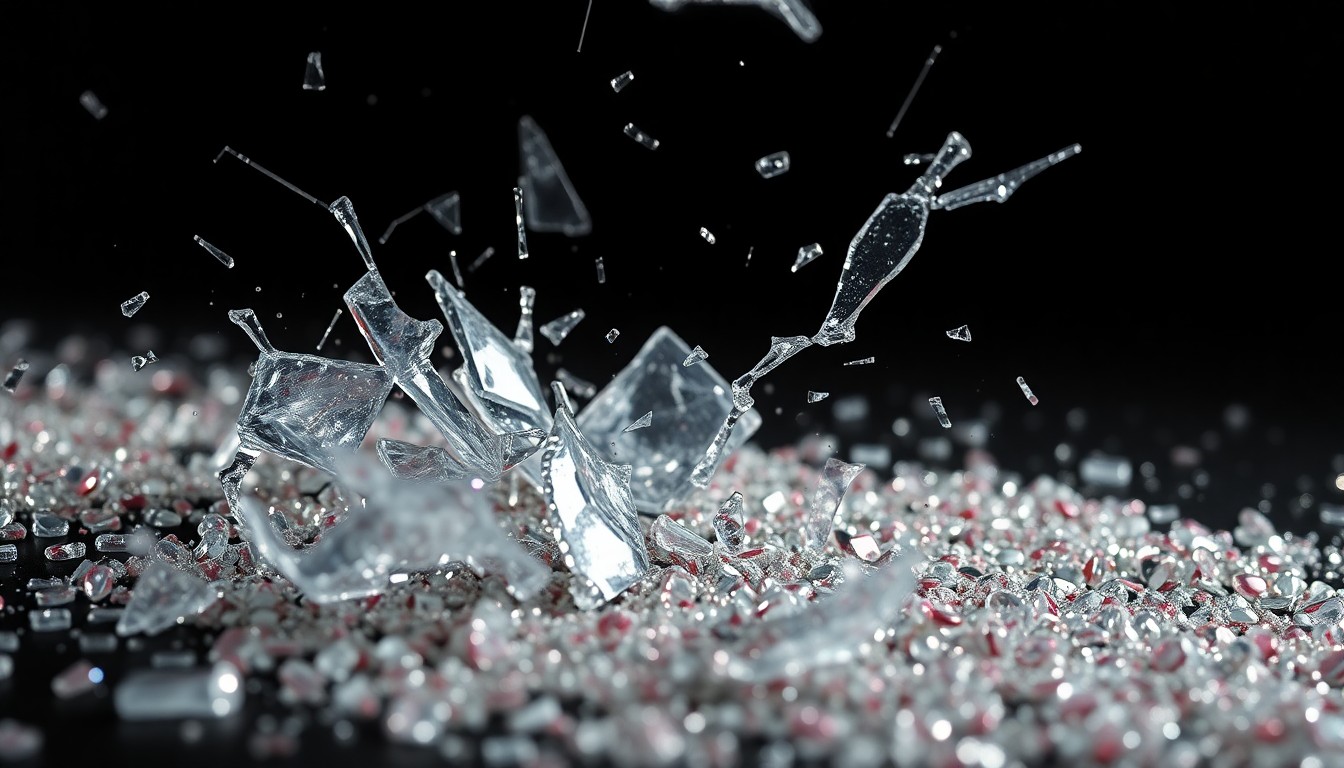 An abstract close-up image featuring shattered glass and glittering sequins in dramatic high-contrast lighting, conceptually representing the end of a celebrity romance.