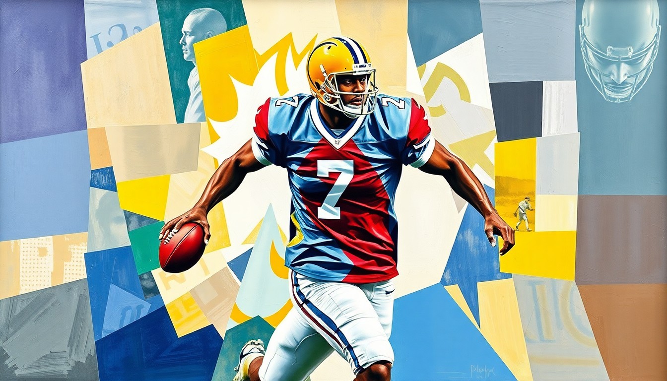 A cubist, geometric painting depicting a football player in motion, with sharp, overlapping planes of color and form representing the dynamic athleticism of the player.