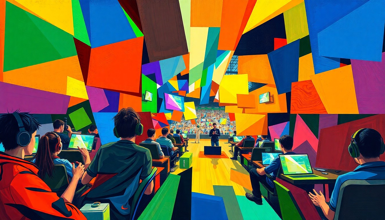 A cubist, geometric painting depicting an abstract esports tournament scene, with overlapping planes of bright red, blue, and yellow shapes representing the energy and action of competitive video game play.