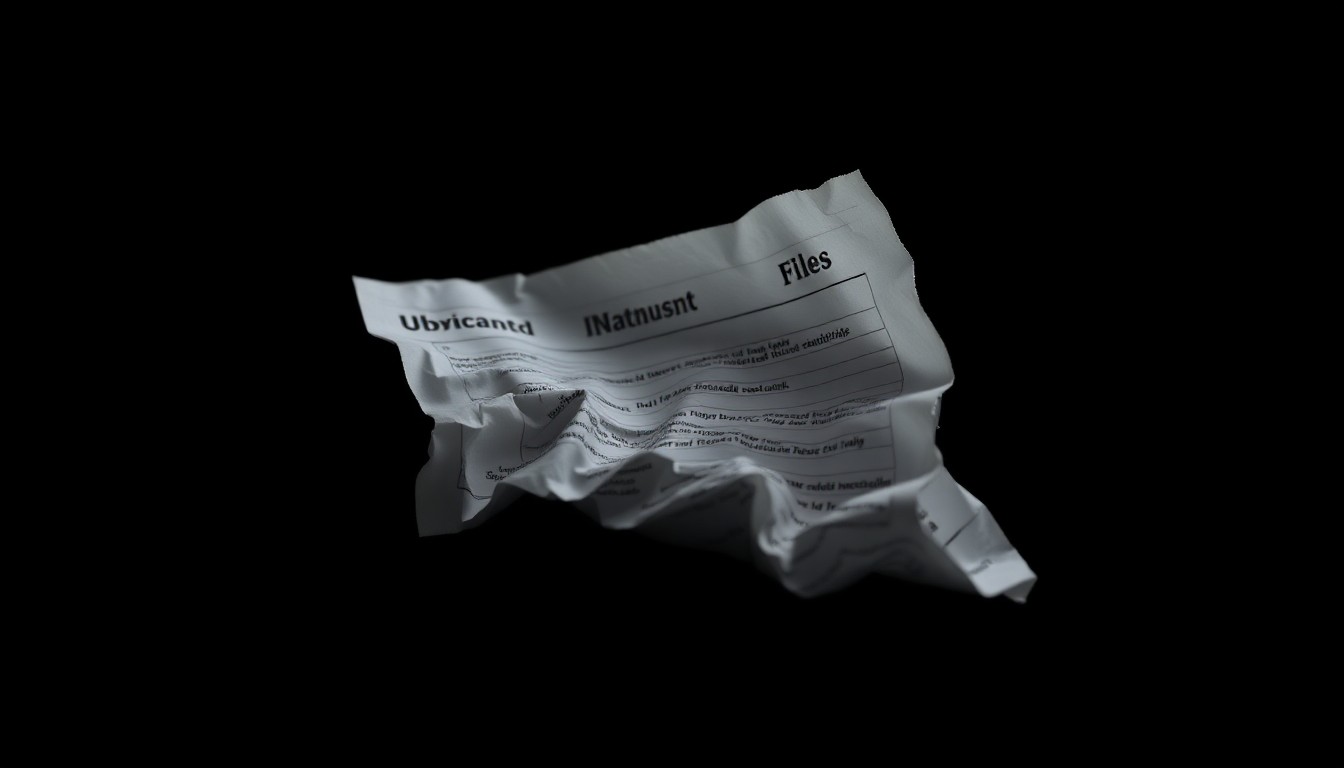 An extreme close-up photograph of a crumpled, discarded medical file or insurance document against a pitch-black background, lit by a harsh, direct camera flash, conceptually representing the gritty details of a major healthcare fraud investigation.