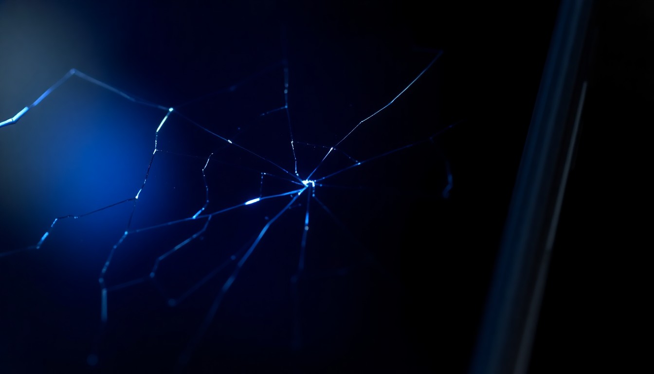 An extreme close-up photograph of a cracked smartphone screen reflecting a faint, eerie blue light, conceptually representing the disturbing nature of the child pornography found on the device.