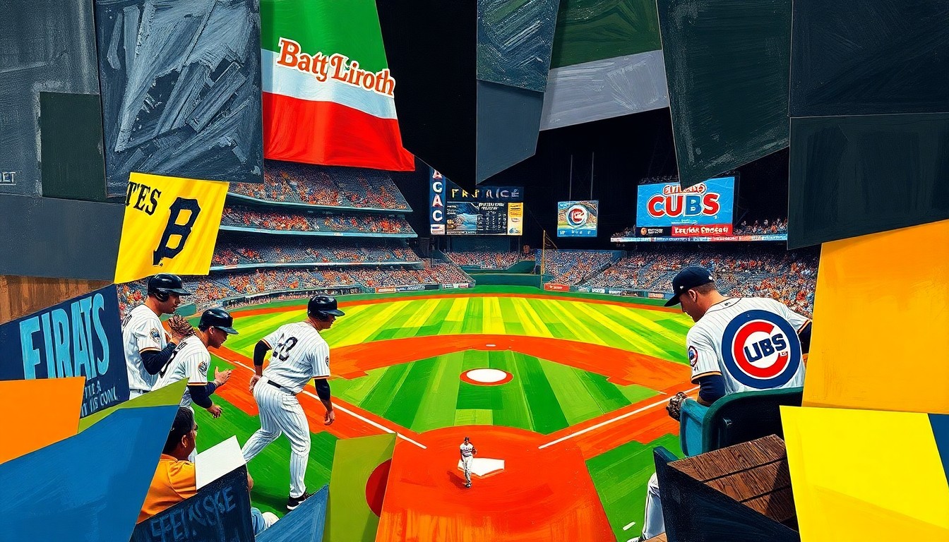 A fragmented, geometric painting depicting a baseball game in motion, with sharp planes of color representing the players, field, and crowd.