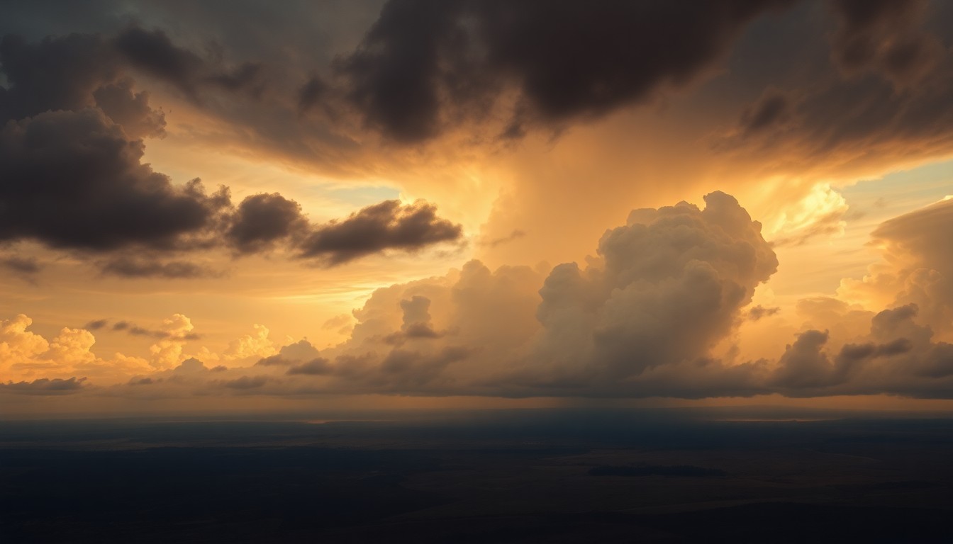 A sweeping, atmospheric landscape painting in muted tones of gray, blue, and gold, depicting an expansive, cloud-covered sky that dwarfs the flat, distant horizon line.