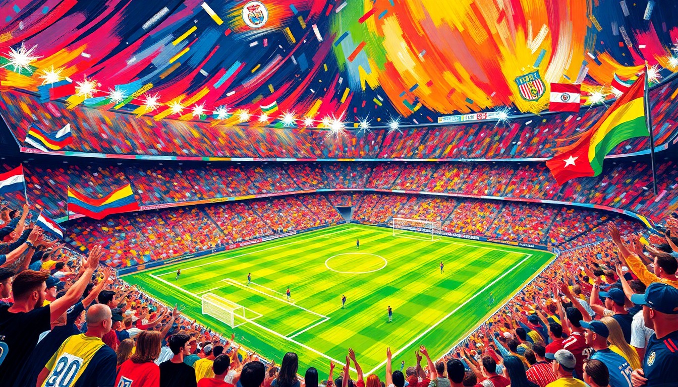 A dynamic, colorful painting depicting a packed soccer stadium filled with cheering fans, the players on the field blurred into a frenetic motion, capturing the energy and passion of the Hearts of Pine's devoted supporters.