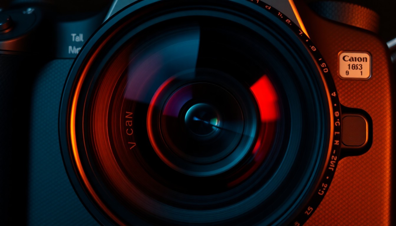 An extreme macro photograph of a Canon camera lens and sensor, capturing the intricate textures and reflections of the high-end imaging technology in dramatic, high-contrast studio lighting, conceptually representing the power of photography to inspire and transform.