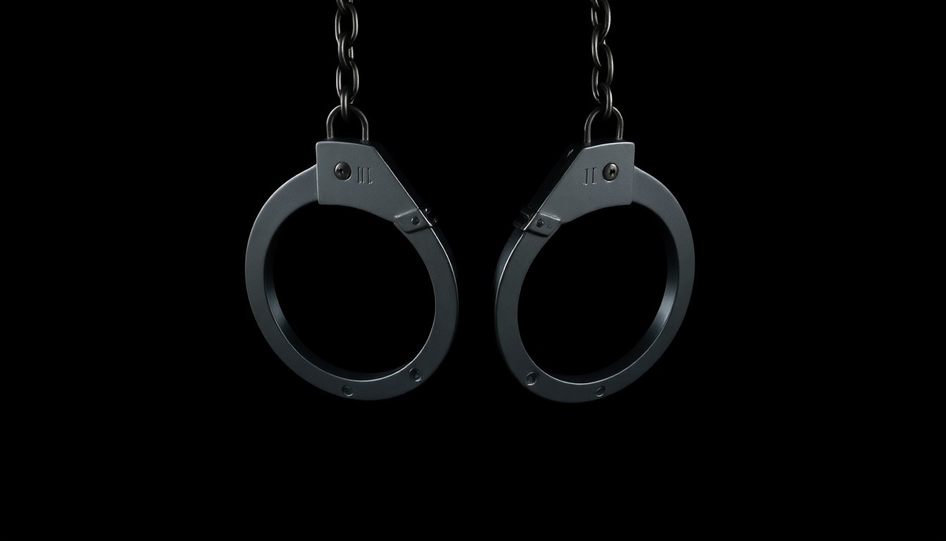 An extreme close-up of a pair of metal handcuffs reflecting a harsh, direct flash of light, conceptually representing the uncertainty and high stakes of a former death row inmate's legal case.