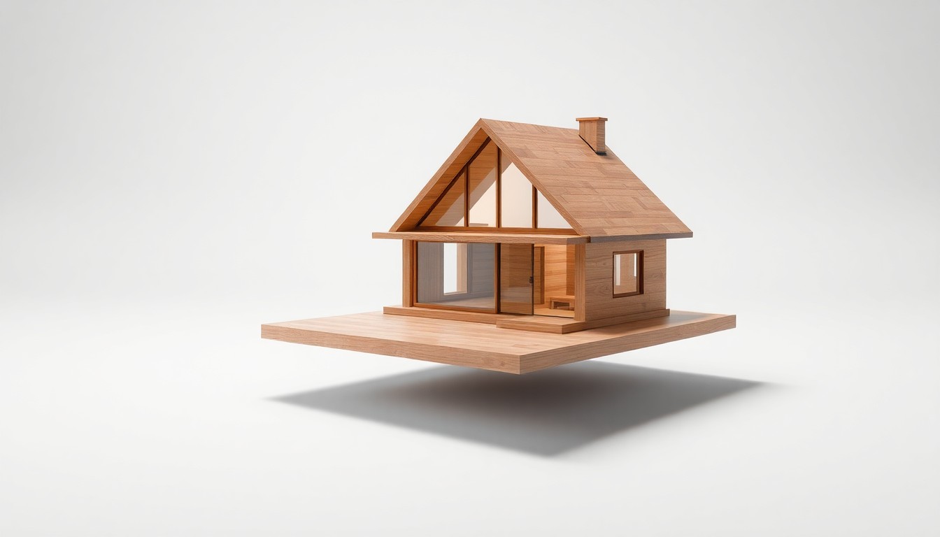 A photorealistic studio still life of a small, elegant model home made of polished wood and glass, floating on a clean white background with dramatic lighting and deep shadows, representing the abstract concepts of real estate development and the housing market.
