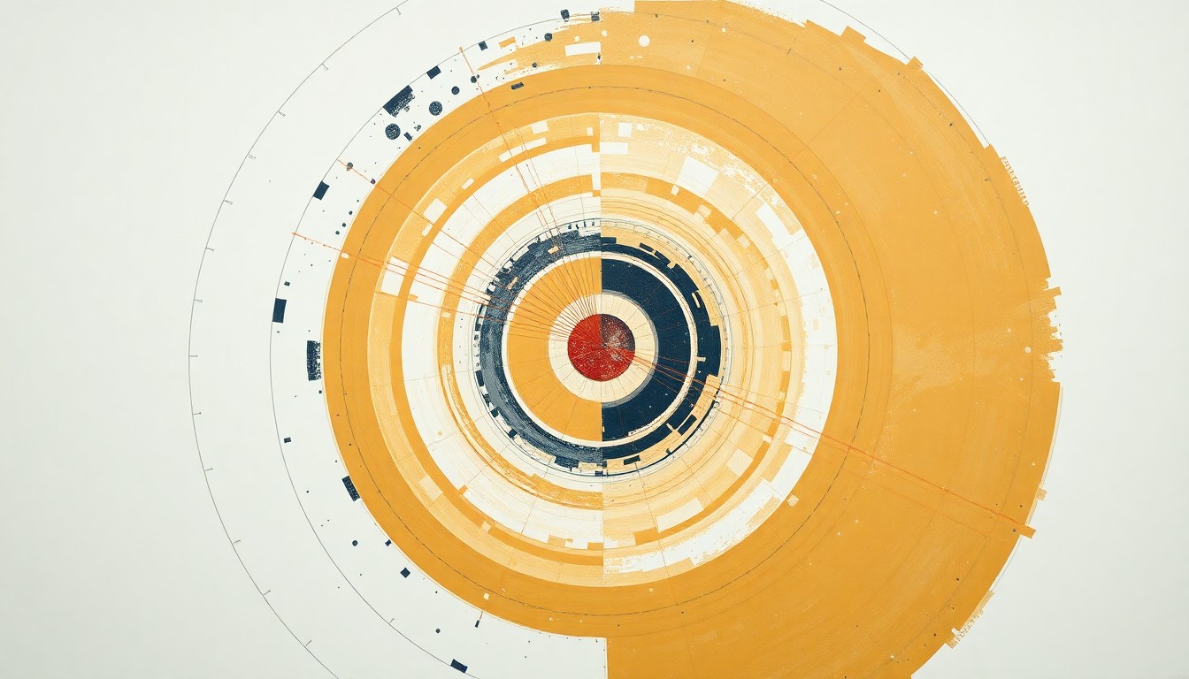 A bold, abstract painting in earthy tones depicting sweeping geometric arcs, concentric circles, and intersecting waveforms, representing the complex forces and concepts of the Artemis II lunar mission without any text or identifiable elements.