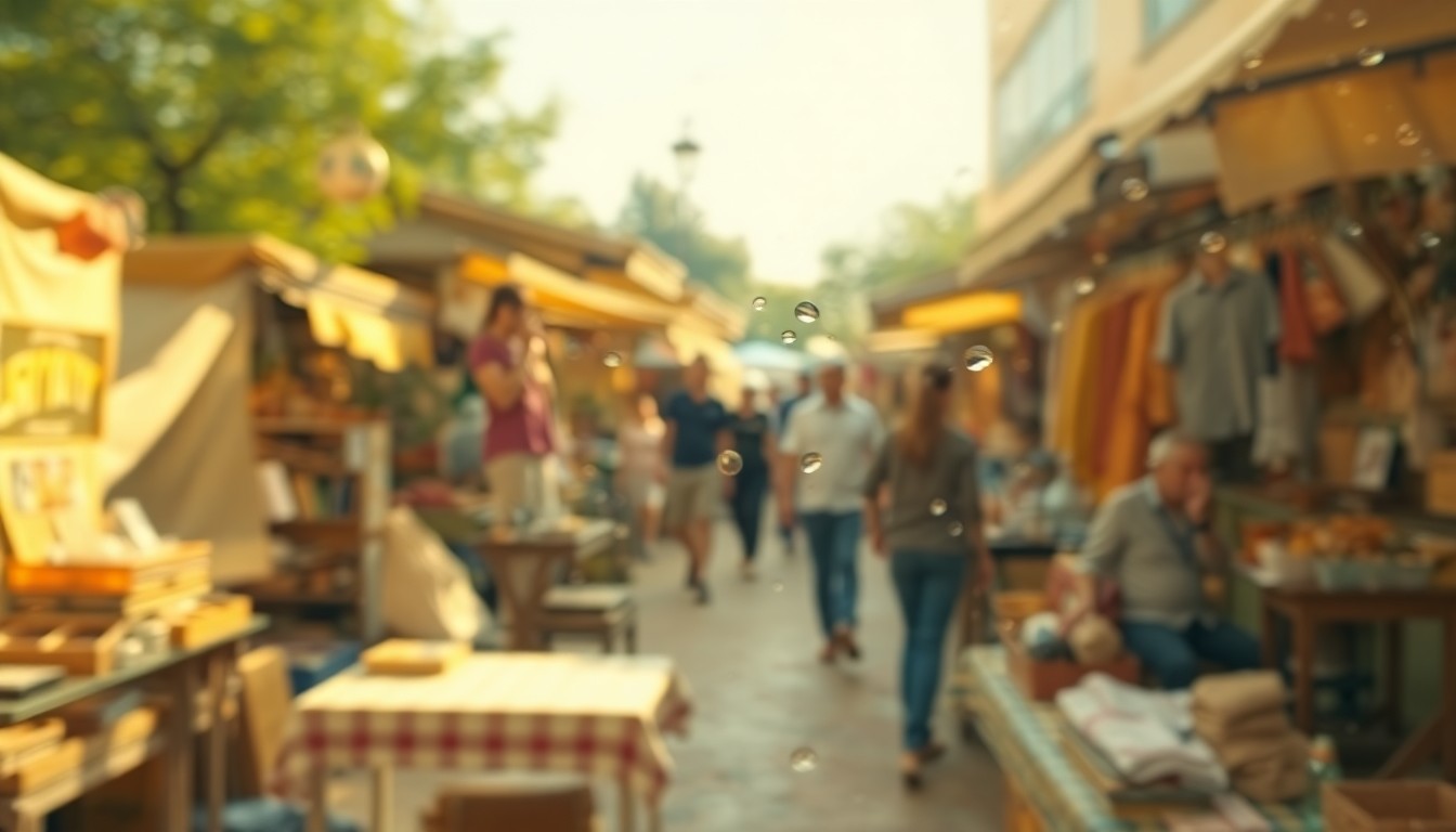 An abstract, impressionistic photograph depicting the hazy, vibrant atmosphere of an outdoor flea market, with blurred shapes of people, tables, and merchandise in a soft, earthy color palette.