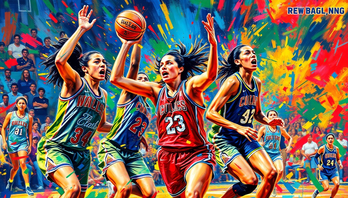 An abstract expressionist painting in vibrant neon colors, with dynamic brushstrokes capturing the energy and movement of a women's basketball game, the players' forms dissolving into splashes of color.