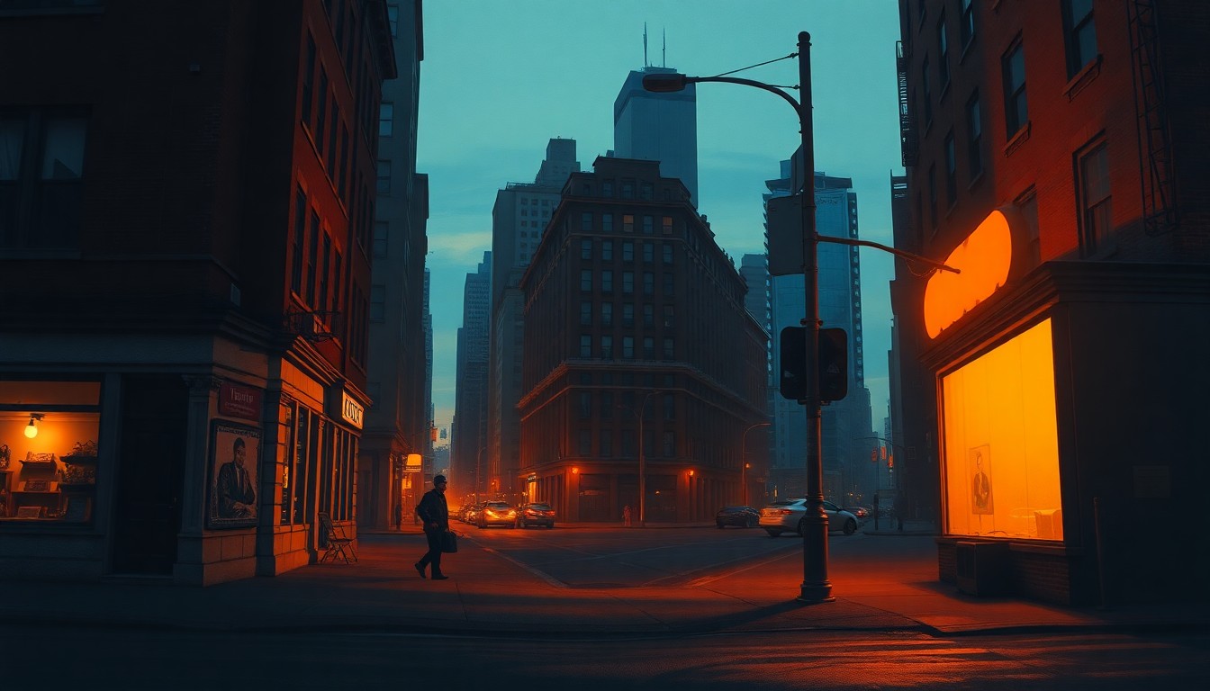 A cinematic painting of a dimly lit New York City street corner at dusk, with a lone figure standing on the sidewalk, conveying a sense of urban melancholy and financial uncertainty through the use of warm, diagonal lighting and deep shadows.