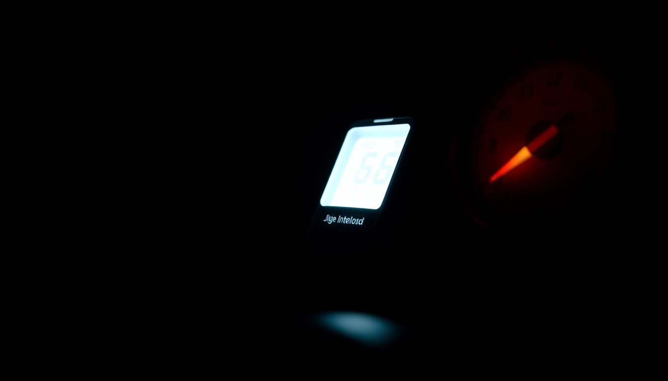 An extreme close-up photograph of an ignition interlock device installed in a car dashboard, the harsh lighting and dark background creating a stark, gritty aesthetic that conceptually represents the challenges of enforcing this anti-drunk driving technology.
