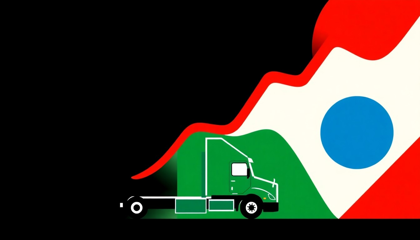 A geometric abstract illustration using simple shapes and primary colors to conceptually represent the impact of rising diesel fuel prices on the transportation and logistics industry.