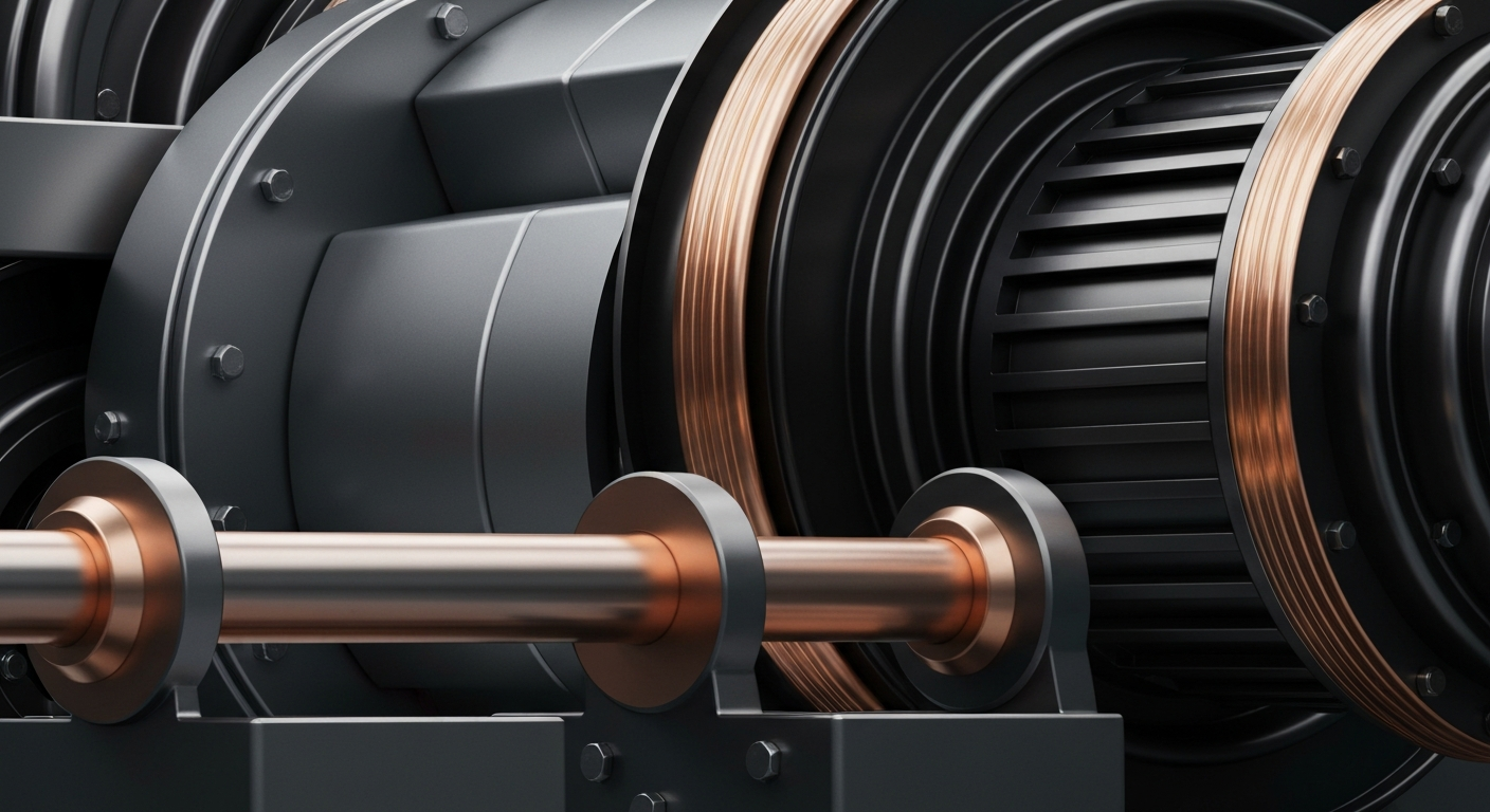 An extreme close-up of heavy, industrial machinery and equipment in shades of steel grey, copper, and black, conceptually representing the tangible financial infrastructure and institutional power of the construction and facilities services industry.