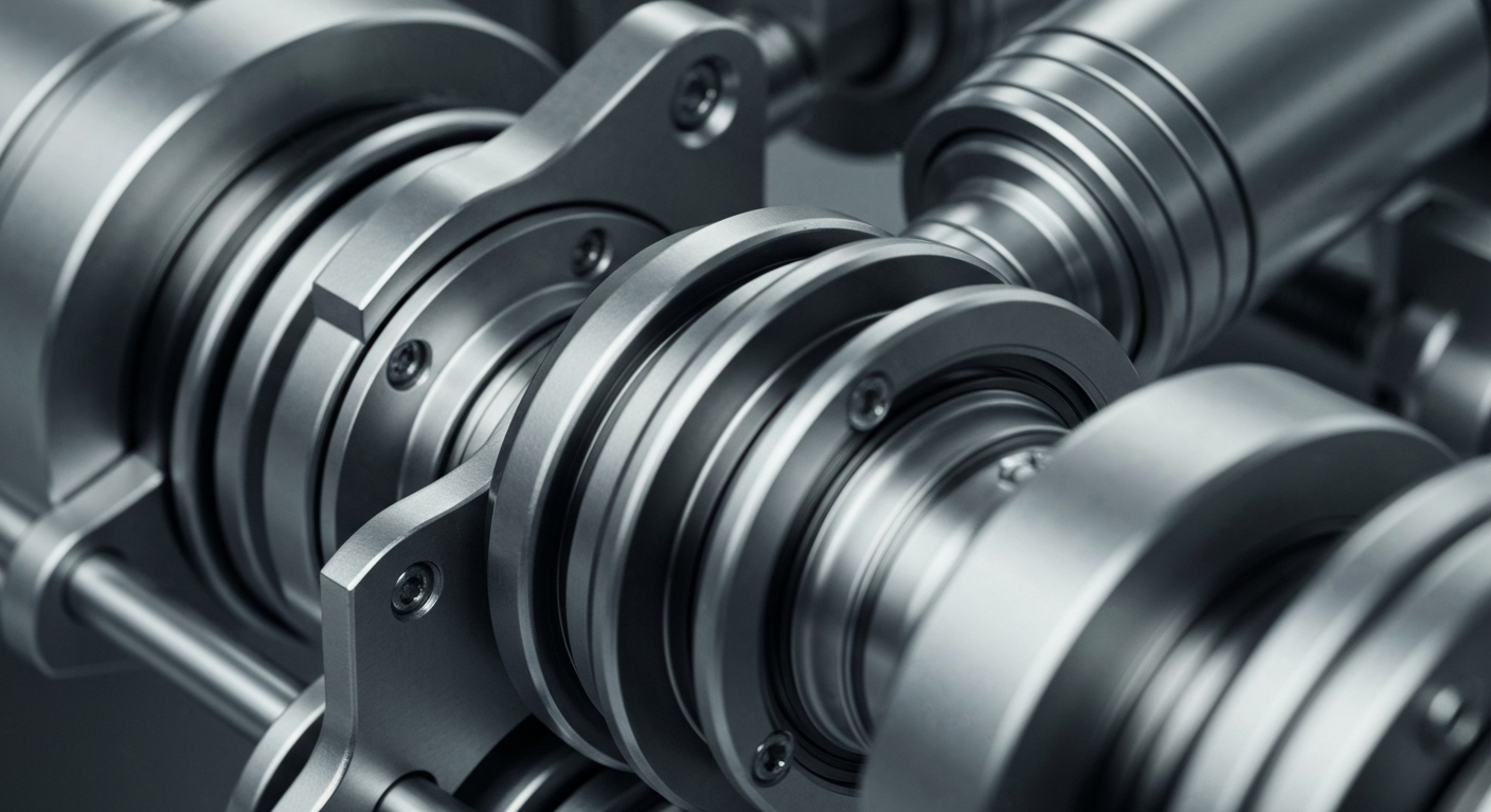 An extreme close-up of intricately designed metal components and machinery, conveying the advanced engineering behind Globus Medical's specialized medical devices.