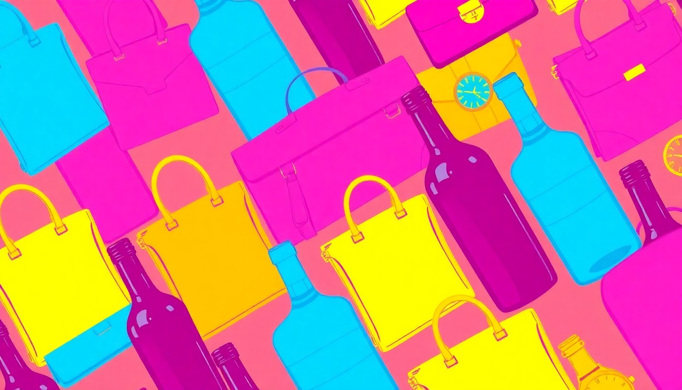 A highly stylized, brightly colored silkscreen print featuring a repeating grid of a single luxury item, such as a designer watch or handbag, rendered in a bold, neon color palette with heavy black outlines, capturing the essence of modern luxury in a conceptual, artistic manner.