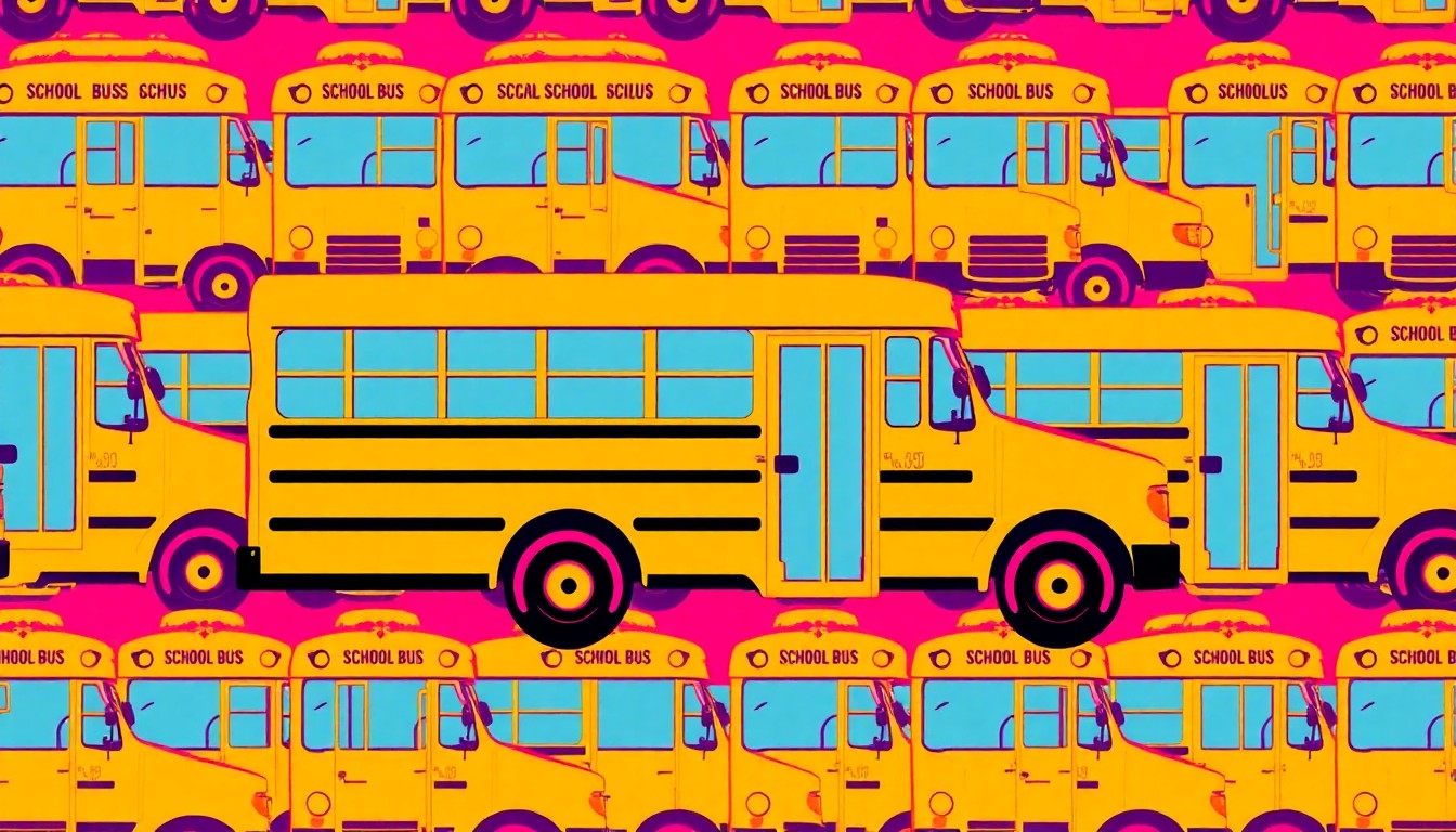 A bold, colorful silkscreen-style illustration featuring a repeating grid of stylized school bus icons in vibrant neon hues, conceptually representing the importance of traffic safety around educational institutions and family destinations.