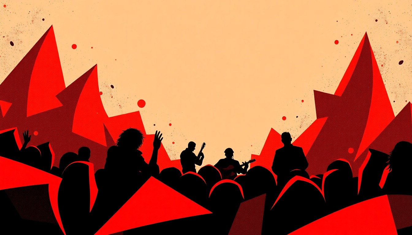 An abstract, minimalist illustration featuring bold, jagged shapes in shades of red, orange, and black, conceptually representing the energy and spirit of a youth rock band opening for a legendary rock group.