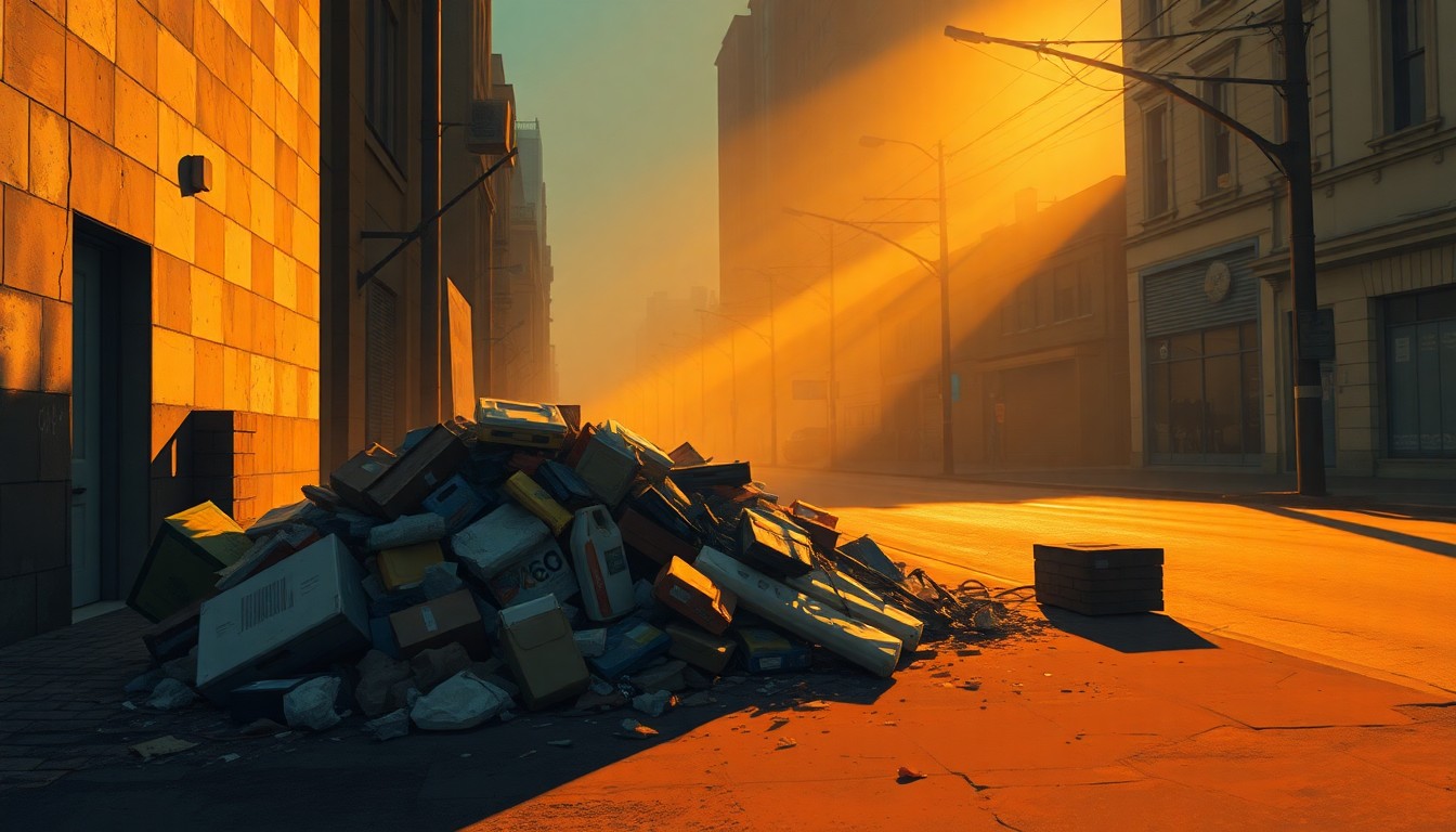 A serene, painterly depiction of a pile of discarded trash and debris on a city street, with warm sunlight casting long shadows across the scene, conveying a sense of urban decay and the need for civic intervention.