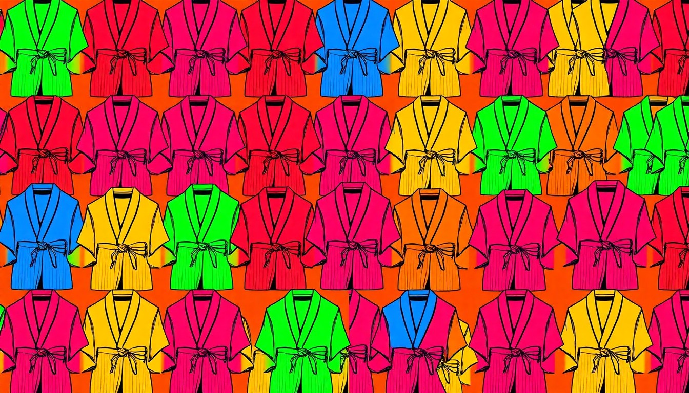 A brightly colored, high-contrast silkscreen print featuring a single yukata garment repeated in a tight grid pattern, using flat, neon color palettes and heavy black outlines to transform this traditional Japanese summer fashion into a modern pop art piece.