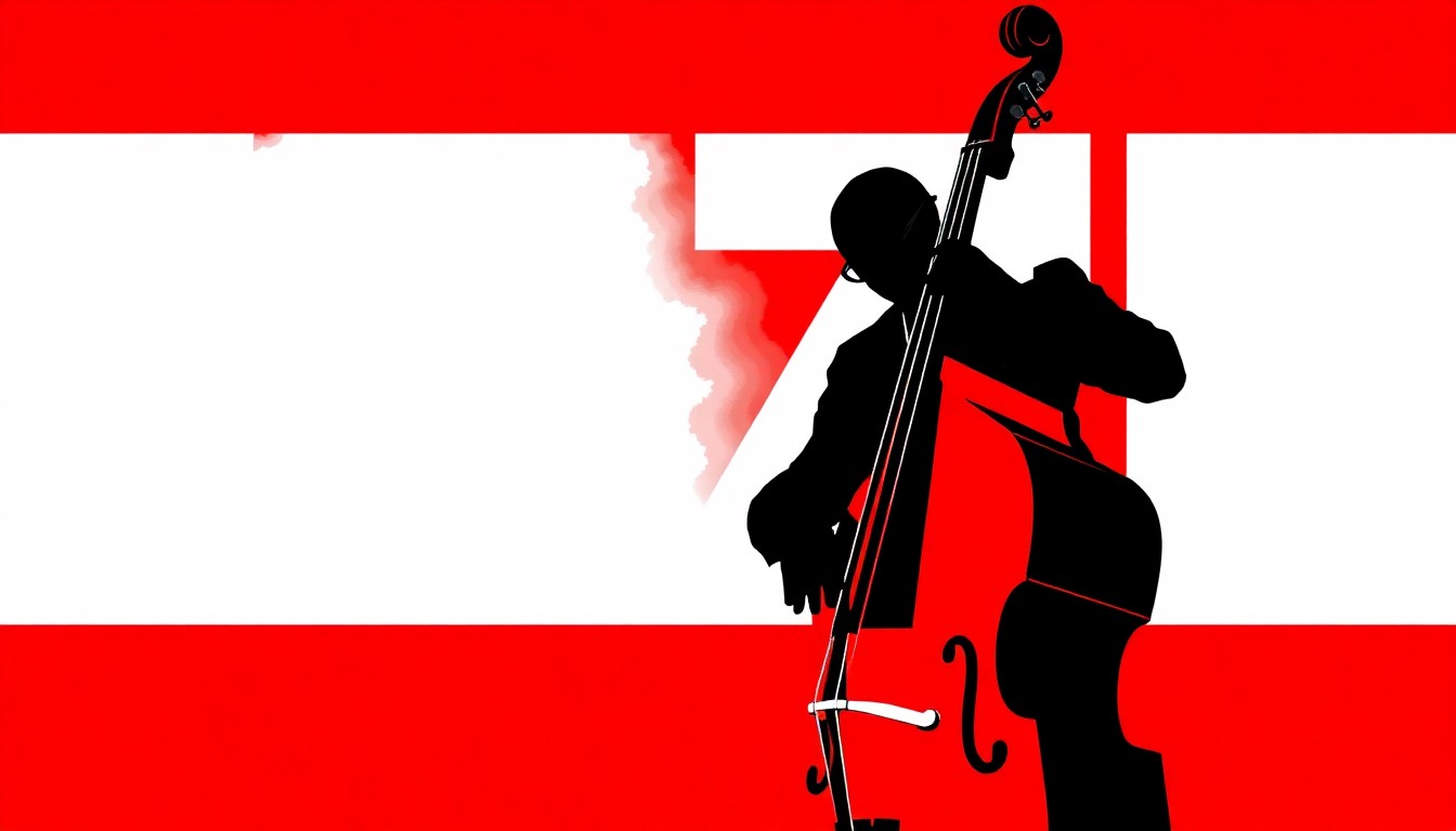 An abstract illustration featuring a bold black silhouette of a jazz musician playing an upright bass, set against a high-contrast background of solid red and white shapes, capturing the energy and creativity of the Chandler Jazz Festival.