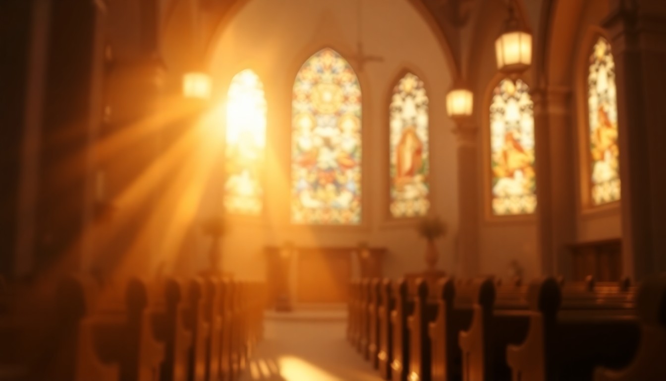 An abstract, impressionistic scene of a chapel interior with soft, blurred light and color, conveying a sense of reverence and contemplation.