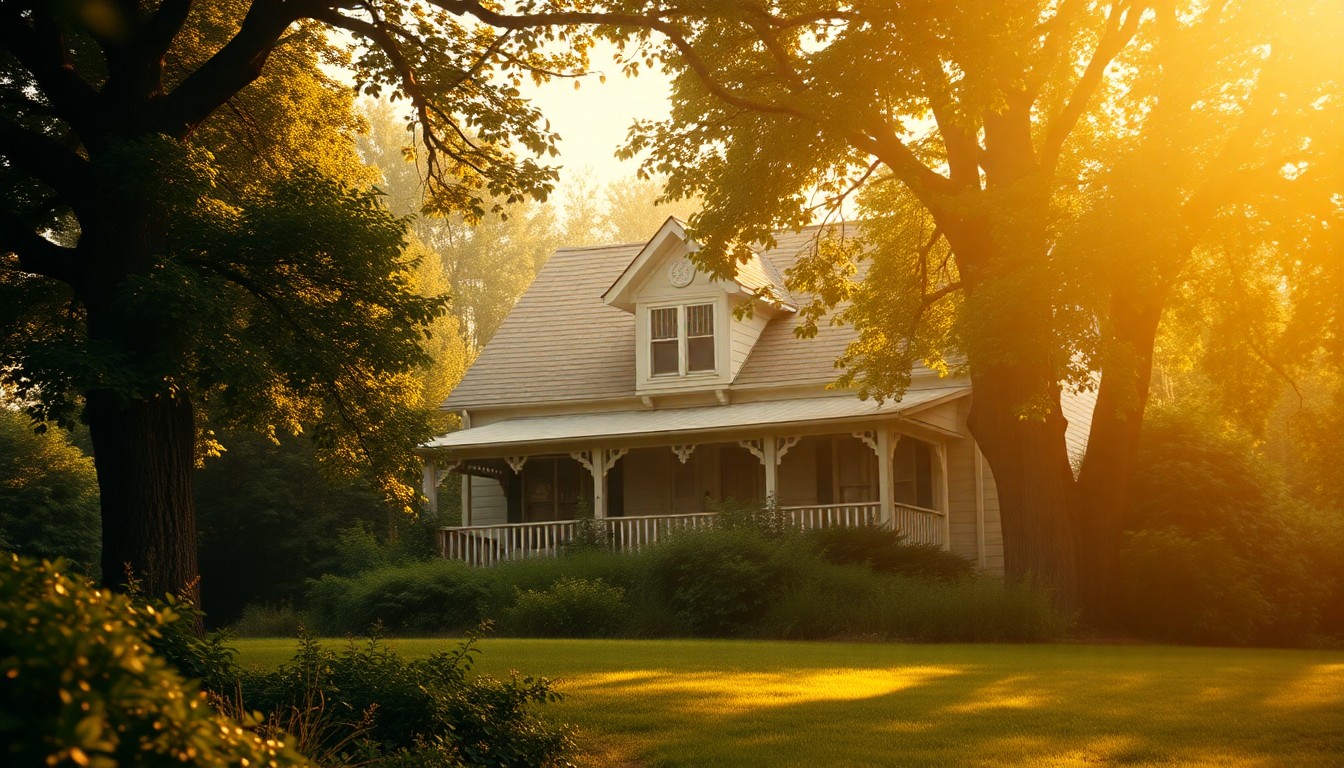 An extremely abstracted, out-of-focus photograph in soft, warm tones depicting the exterior of a vintage home surrounded by lush greenery, conceptually representing the timeless charm and tranquility of this historic property.