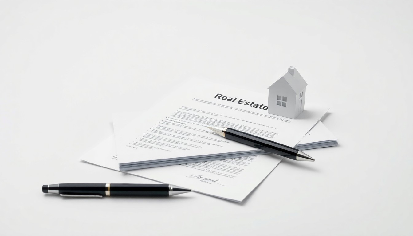 A photorealistic studio still life featuring a stack of real estate documents, a pen, and a house-shaped paperweight arranged on a clean, monochromatic background, conveying the process of getting licensed and starting a new career in the industry.