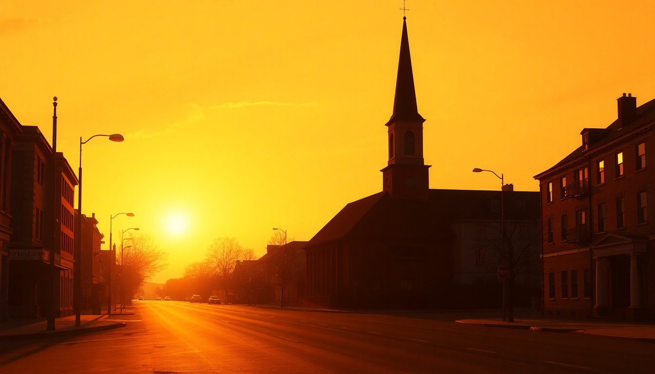A solitary church steeple silhouetted against a warm, golden sunset sky, casting long shadows across an empty city street, conveying a sense of quiet contemplation and spiritual reflection.