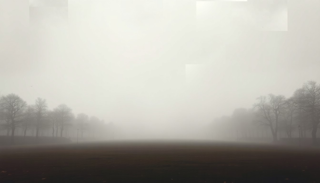 A sweeping, atmospheric landscape painting in muted tones of grey, blue, and green, depicting a vast, misty outdoor space devoid of any visible human presence, conveying a sense of the overwhelming power and scale of the natural environment.