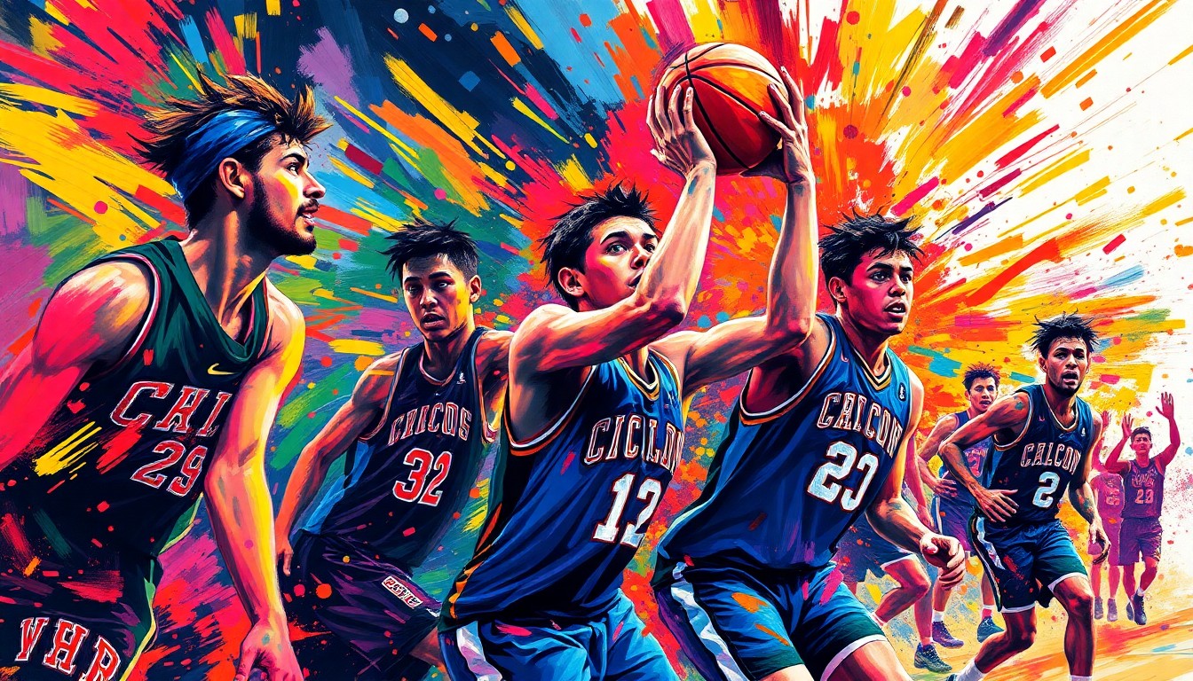 An abstract, energetic painting featuring bold brushstrokes and vibrant neon colors, capturing the intensity and dynamism of a high school basketball game.