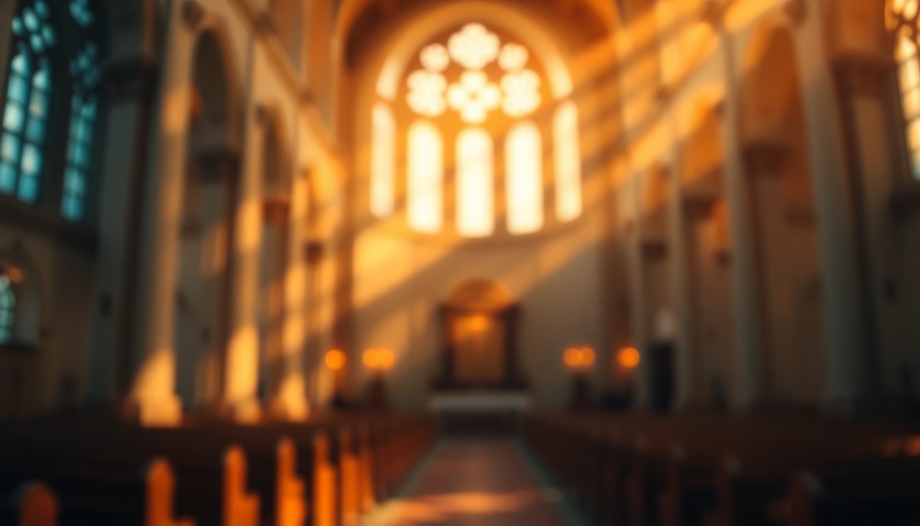 An abstract, blurred photograph of a church interior, with soft, warm pools of light and color creating a contemplative, spiritual atmosphere.