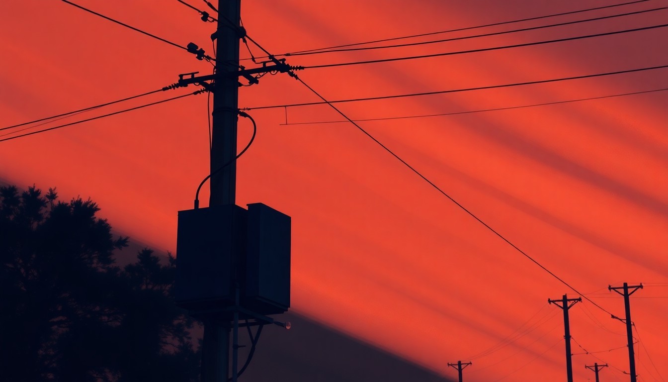 A detailed oil painting of an old utility pole and transformer in a quiet urban setting, with warm sunlight and deep shadows creating a sense of nostalgia and the need for infrastructure investment.