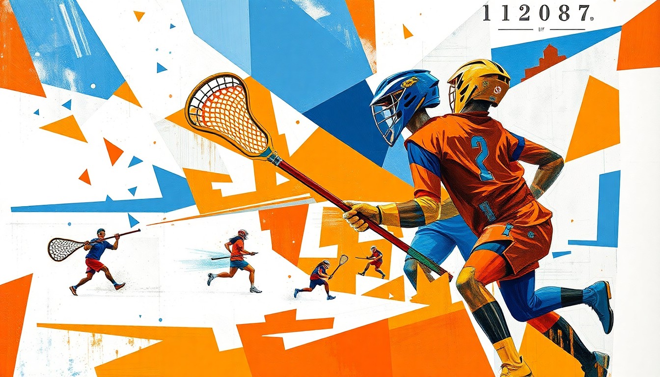 A fragmented, geometric painting depicting the dynamic movements and competing forces of a lacrosse game, using bold colors and angular shapes to capture the energy of the sport.