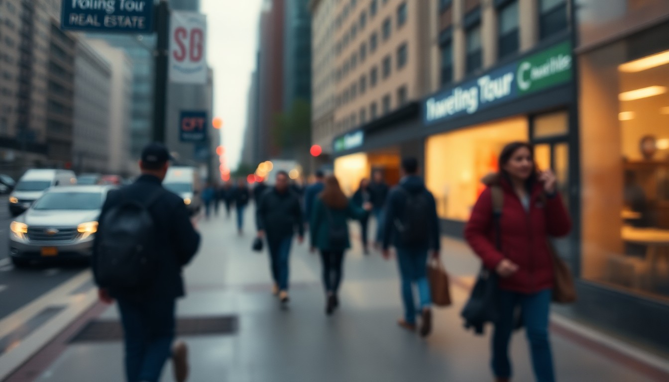 An abstract, out-of-focus photograph showing a blurred cityscape with people walking on the sidewalk, representing the social movements and real estate themes of the walking tour.