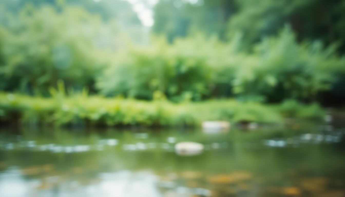 An extremely blurred, out-of-focus photograph of a peaceful freshwater pond or stream, with lush greenery in the background, conveying a sense of tranquility and environmental preservation.
