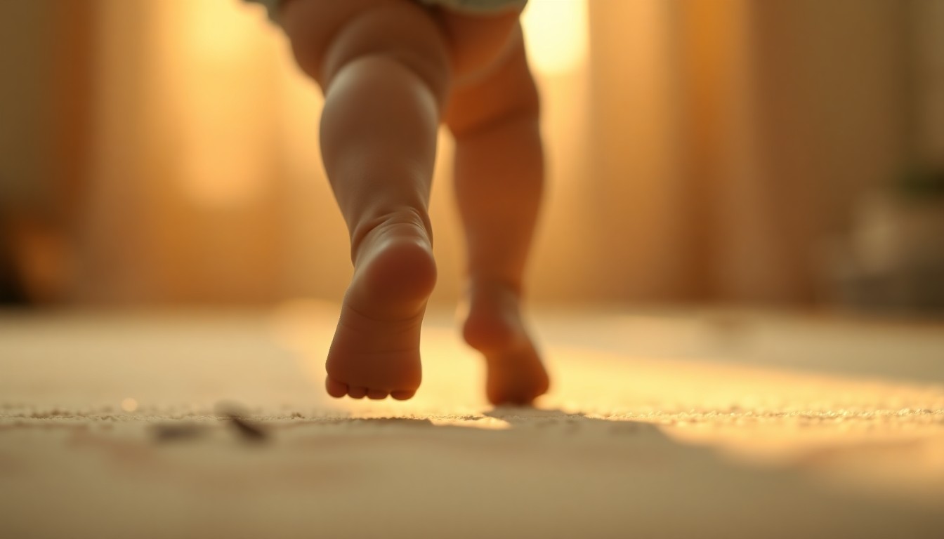 An extremely blurred, impressionistic photograph of a toddler's feet taking their first steps, surrounded by soft, glowing orbs of light in warm, golden hues, conceptually representing the excitement and wonder of a child's early milestones.