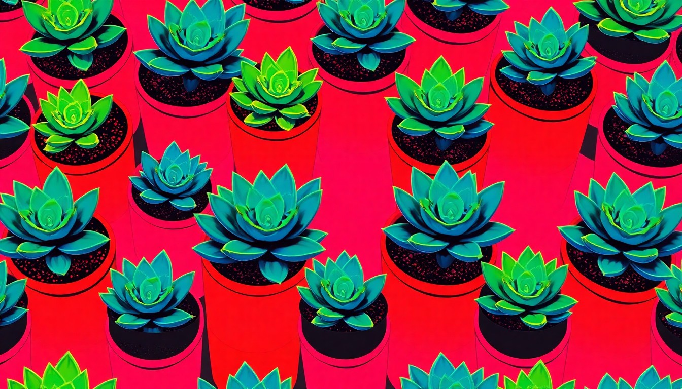 A vibrant, abstract silkscreen illustration featuring a repeating pattern of a potted succulent plant in neon green, pink, and blue hues, capturing the energy and variety of the Elk Grove Garden Club's annual plant sale.