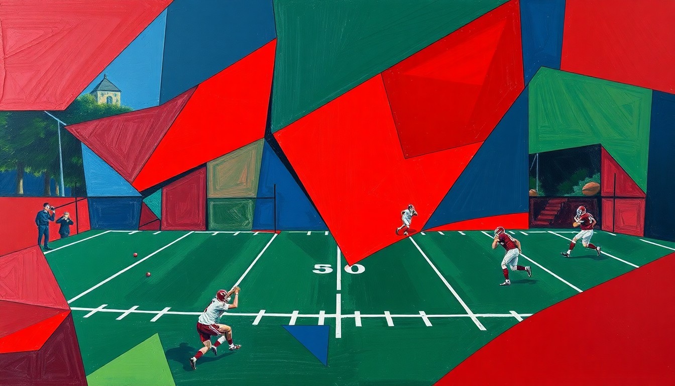 A fragmented, cubist-style painting depicting a football field and players, with sharp geometric shapes in shades of red, blue, and green, conveying the multifaceted challenges facing the Atlanta Falcons this offseason.