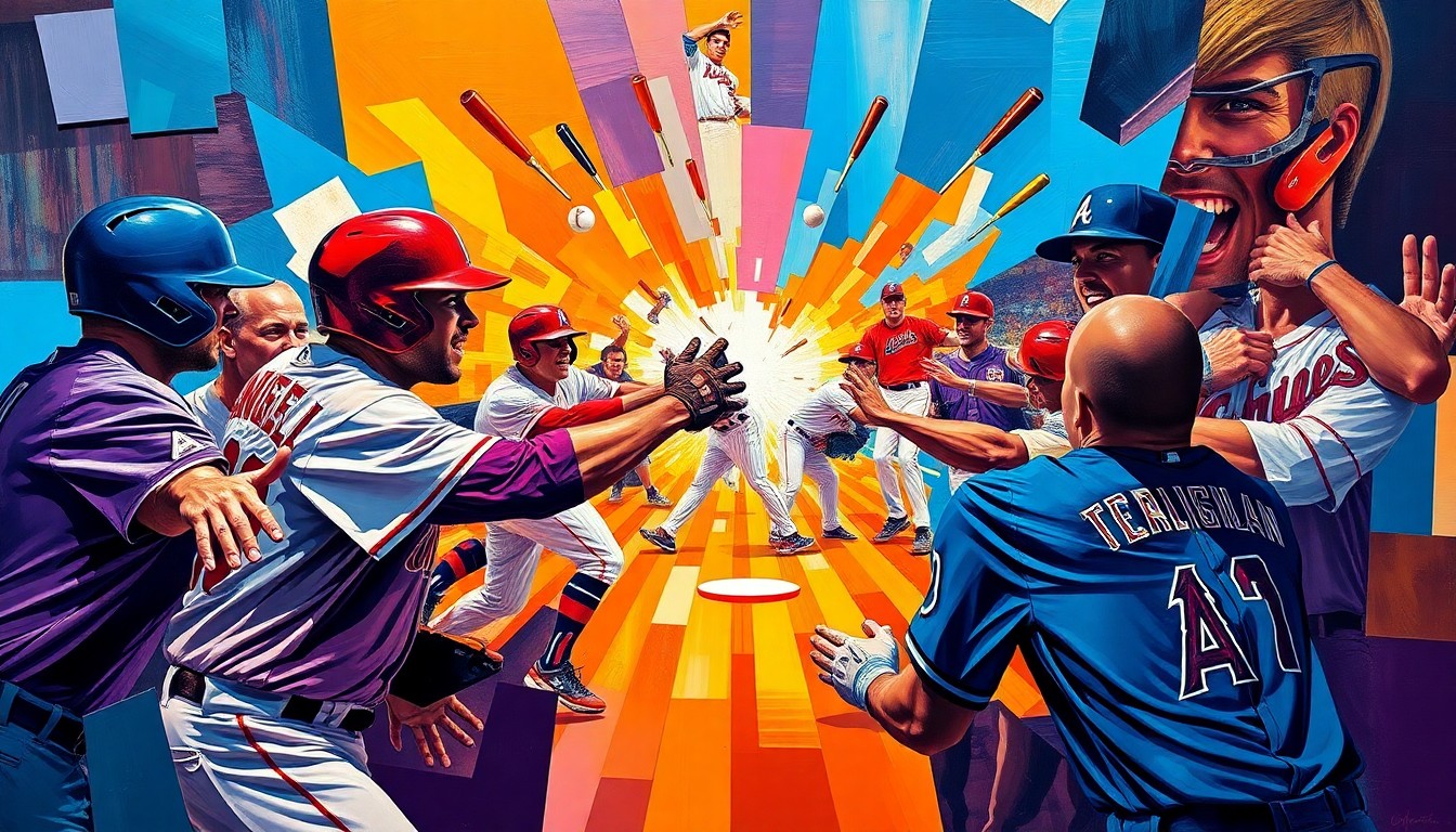 A fractured, multi-perspective painting depicting the baseball brawl between the Los Angeles Angels and Atlanta Braves players, with sharp geometric shapes and vibrant colors representing the raw energy and physicality of the incident.