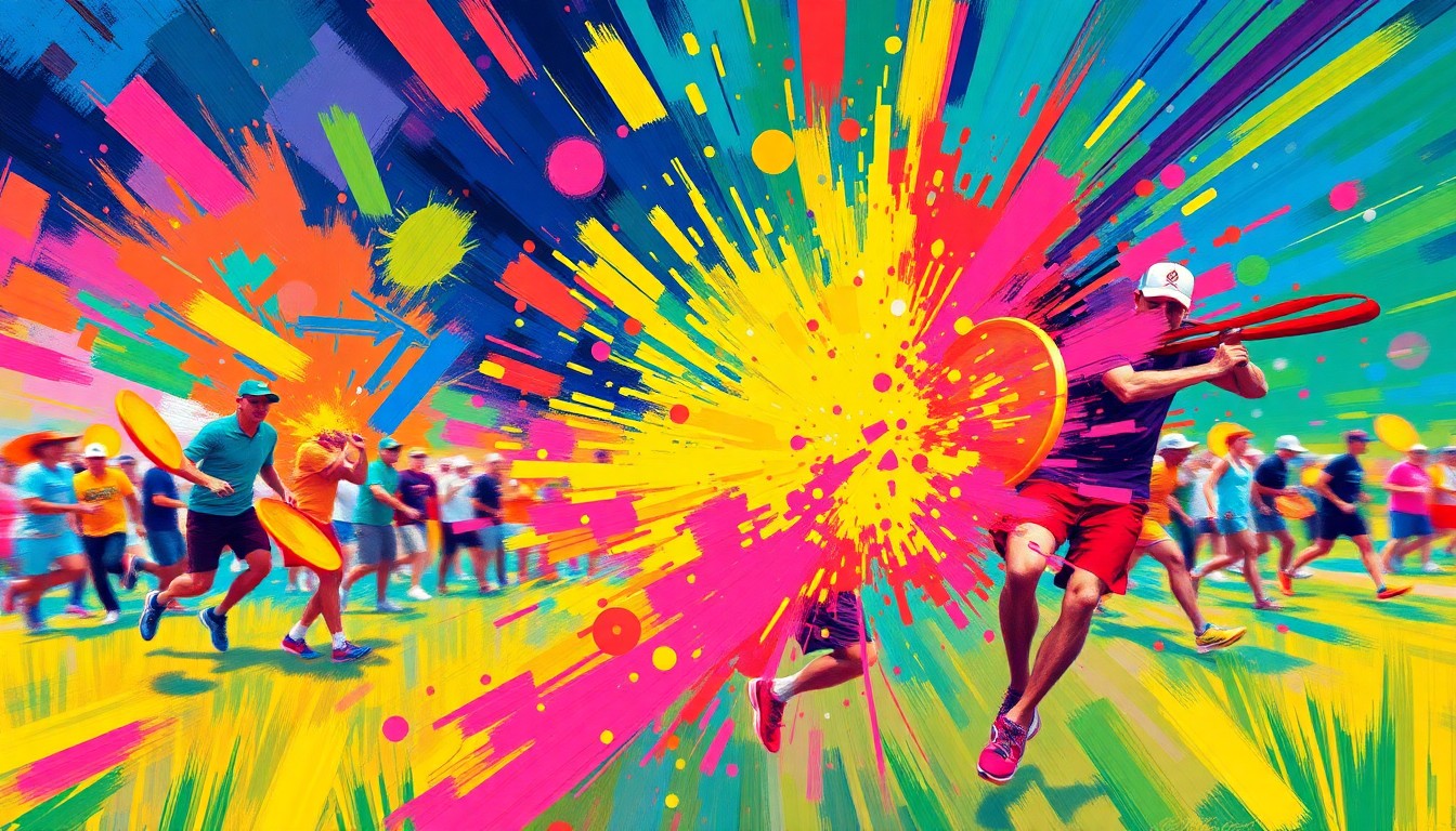 An abstract, expressionist painting in neon colors depicting the dynamic motion and energy of a disc golf tournament, with players and discs blending into a colorful, energetic scene.