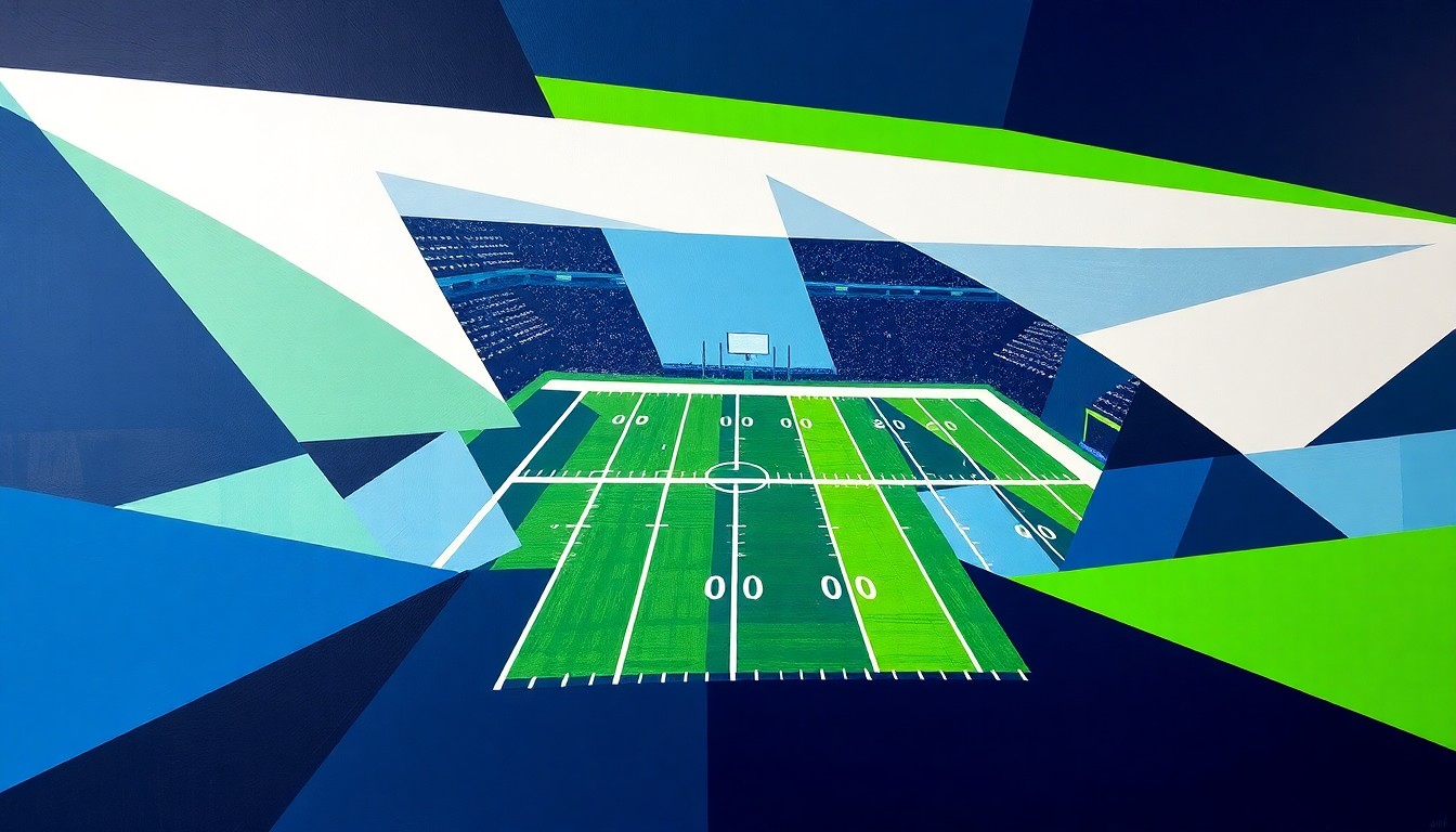 A fragmented, geometric painting in navy blue, neon green, and white, depicting the chaotic action of a football game, representing the Seahawks' need to address key positions of need in the upcoming NFL Draft.