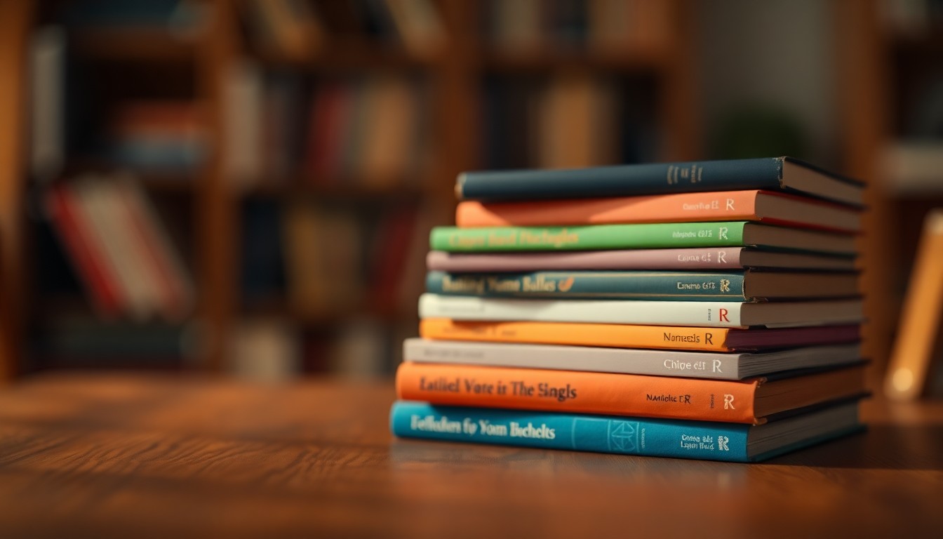 A soft, out-of-focus photograph of a stack of colorful books on a wooden table, bathed in warm, diffused light, creating a dreamlike, intimate atmosphere.