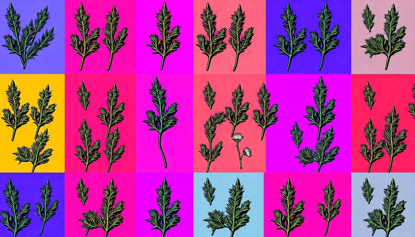 A grid of stylized, brightly colored silkscreen images of a single herb, such as rosemary or chamomile, rendered in a bold, graphic pop art style that captures the joy and versatility of growing one's own natural remedies.
