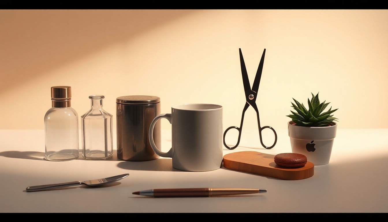 A high-end, photorealistic studio still-life photograph featuring a collection of premium, polished objects representing different local businesses, arranged elegantly on a clean, monochromatic background with dramatic lighting and shadows, conceptually illustrating the vibrant small business community in Tallahassee.