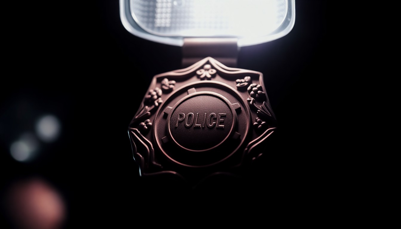 An extreme close-up photograph of a police badge or other law enforcement equipment, lit by a harsh, direct camera flash against a pitch-black background, conveying a stark, gritty, and investigative mood.