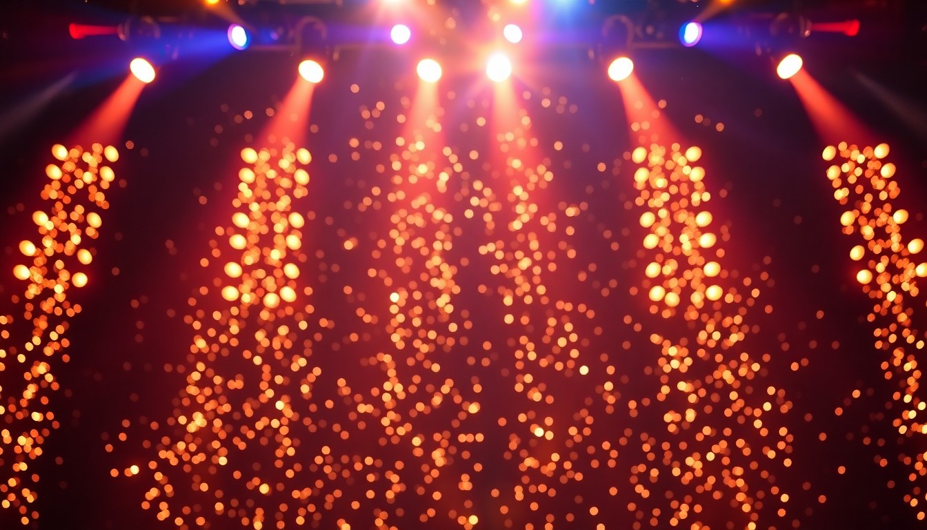 An abstract, high-contrast close-up photograph of shimmering, reflective stage lights, capturing the glamour and energy of a country music performance.