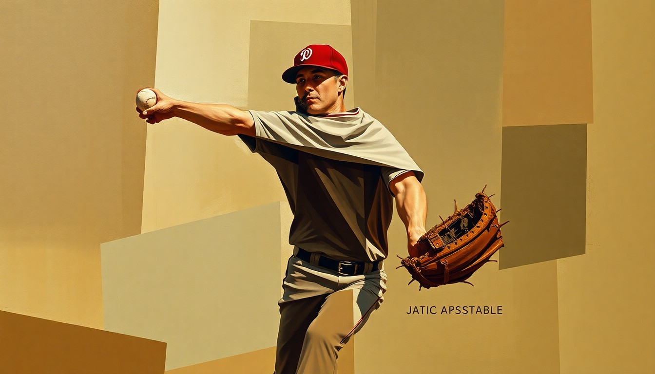 A cubist, geometric painting depicting a baseball pitcher's motion broken down into overlapping planes of muted earth tones, conceptually representing the Brewers' fluid roster management.